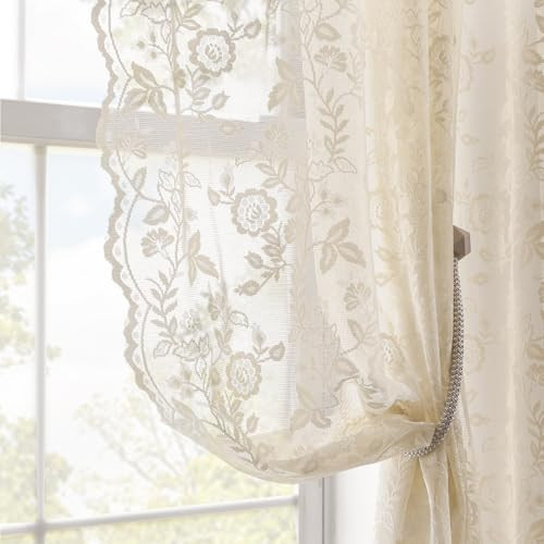84 Inch Beige Lace Curtains 2 Panels Set for Living Room Bedroom Country Leaf Floral Scalloped Sheer Lace Curtains 84 Inches Long Rod Pocket Privacy Farmhouse Vintage Lacy Curtains, 42 x 84 Inch | Amazon (US)