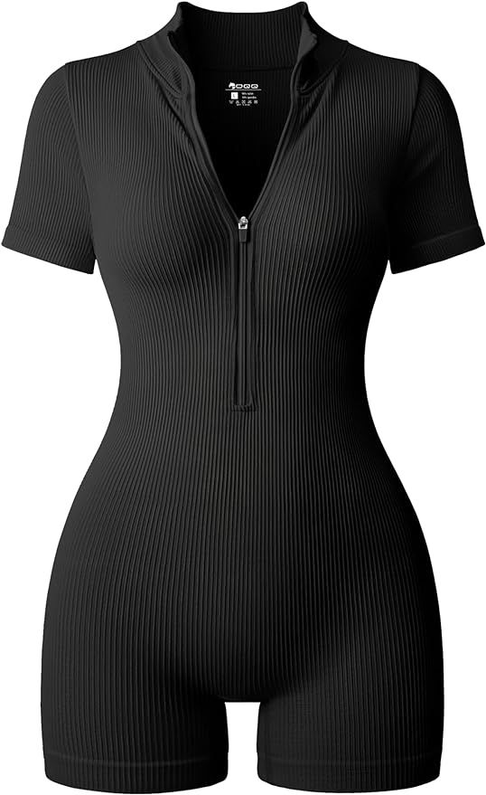 OQQ Women Rompers Ribbed Short Sleeve Zip Front Stretch Tummy Control Yoga Workout Rompers | Amazon (US)