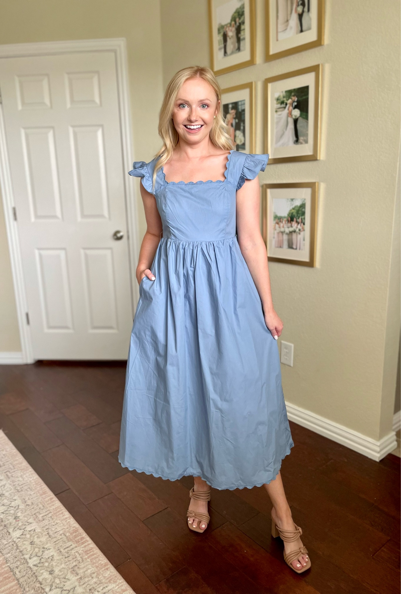 Wearing a small | midi dress, blue dress, summer dress, scalloped dress, vacation dress 

#LTKFind #LTKSeasonal #LTKstyletip