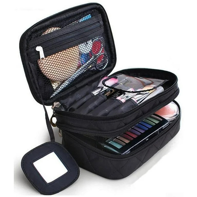 Double Layer Makeup Bag with Strap, Large Cosmetic Case for Women, Make Up Organizer for Brushes,... | Walmart (US)
