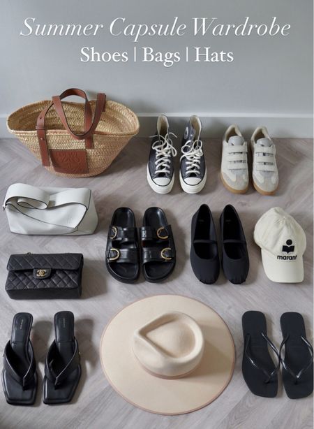 capsule wardrobe summer | handbags | shoes | hats 

*get 15% off my Chanel flap bag alternative and Isabel Marant cap at Coggles using code ‘CHARLOTTE15’ + free next day delivery! 

#capsulewardrobe #summershoes #sandals #handbags 

#LTKsalealert #LTKshoecrush #LTKitbag