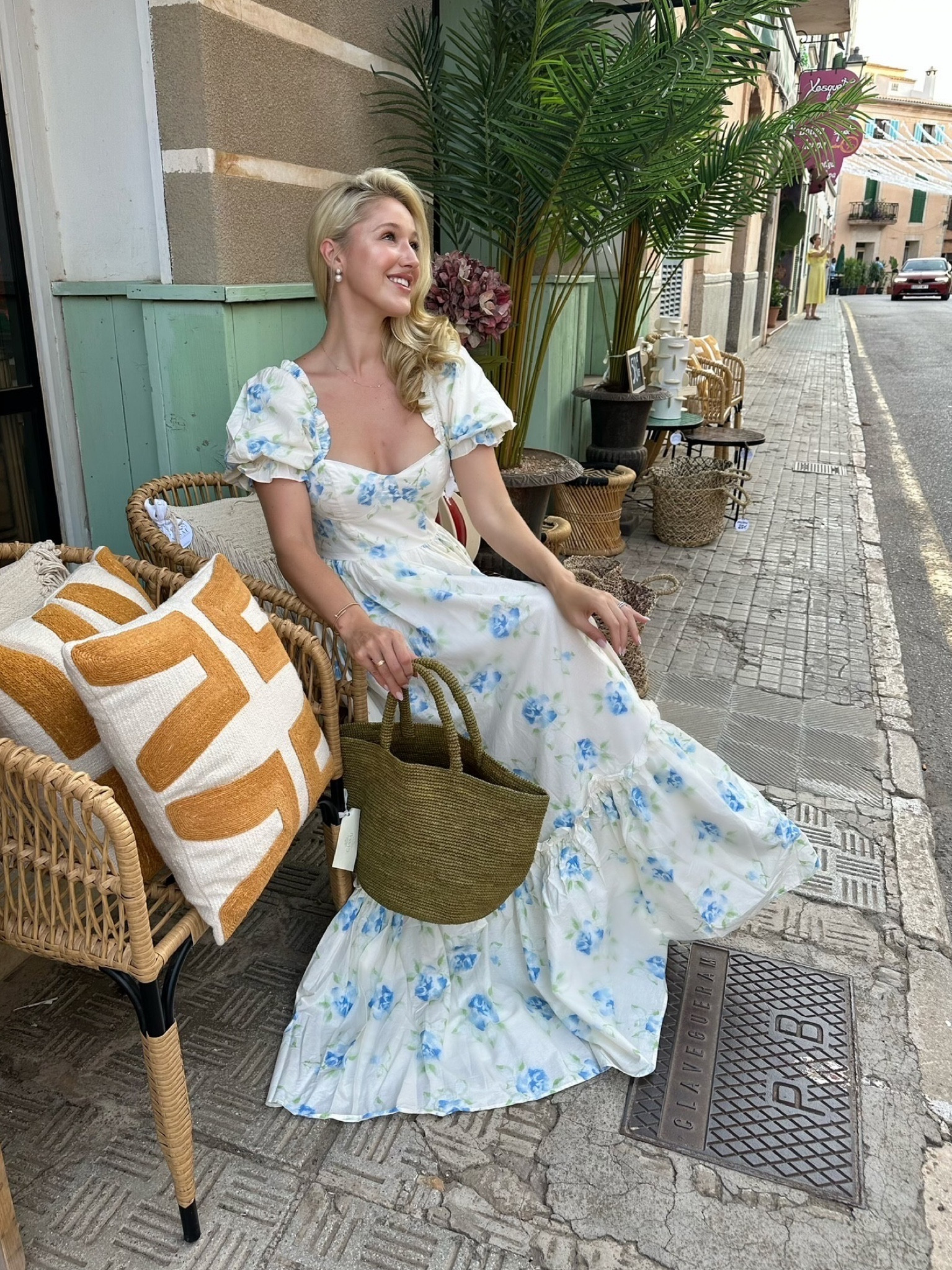 Blue floral dress, summer style, sundress, puff sleeve maxi dress, florals, Hermes sandals, woven bag, wicker bag, European summer, Mallorca outfit, holiday inspo, travel outfit

#LTKeurope #LTKSeasonal #LTKstyletip