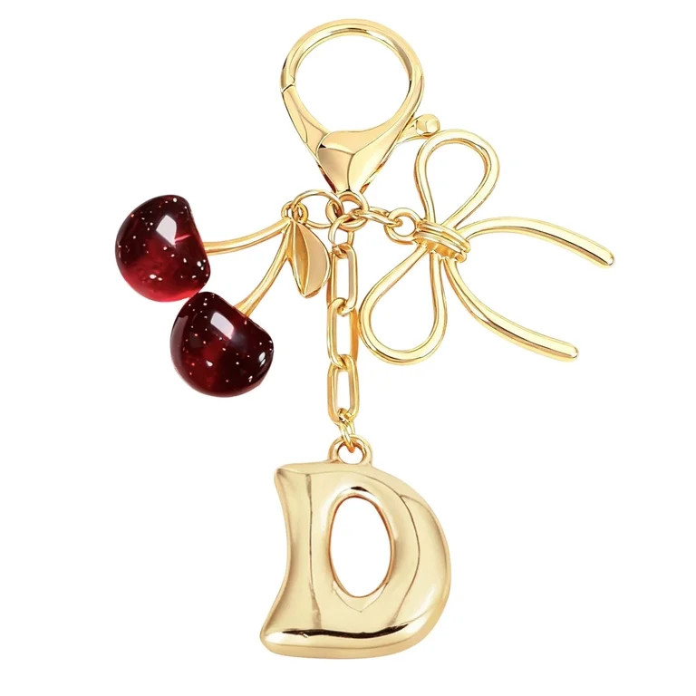 Miommo Bubble Initial Keychain with Bow and Cherry Charm, Gold Plated Personalized Letter Bag Cha... | Walmart (US)