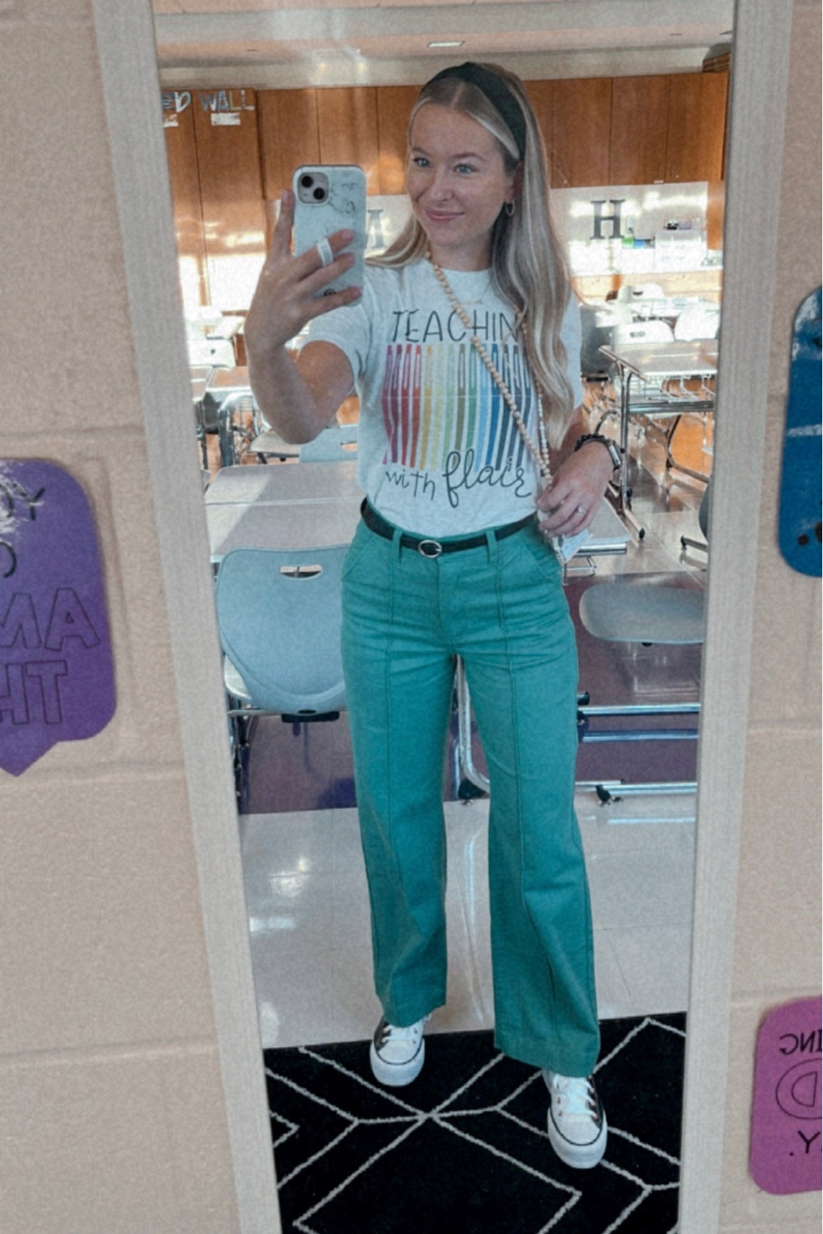 Fun teacher outfit! These exact pants are linked but, the color doesn’t seem to be available anymore. There is a brighter green and other colors now for sale! 

#LTKworkwear #LTKfit #LTKstyletip