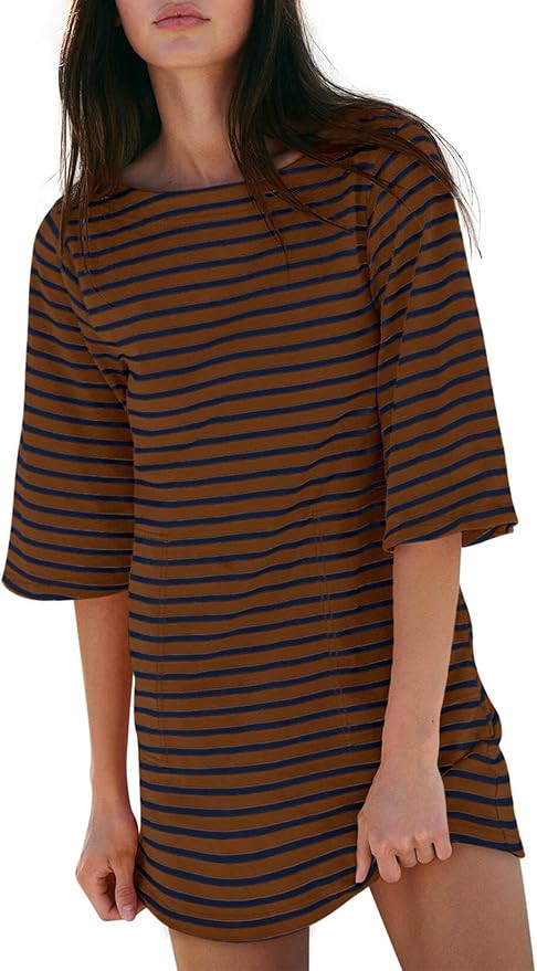 Yousify Women’s T Shirt Dress Cotton Summer Dresses 2026 Casual Loose Short Sleeve Striped Mini... | Amazon (US)