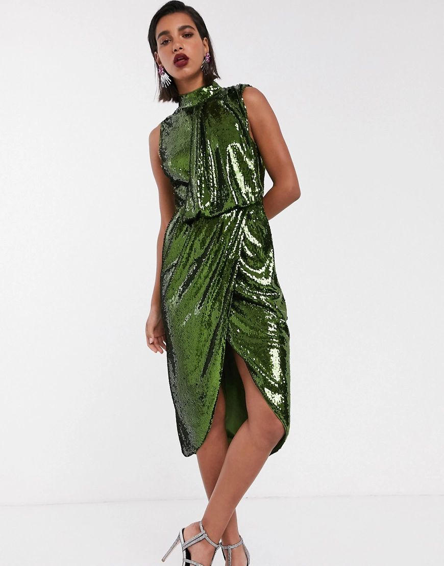 ASOS DESIGN sequin midi pencil midi dress with drape front-Green | ASOS (Global)