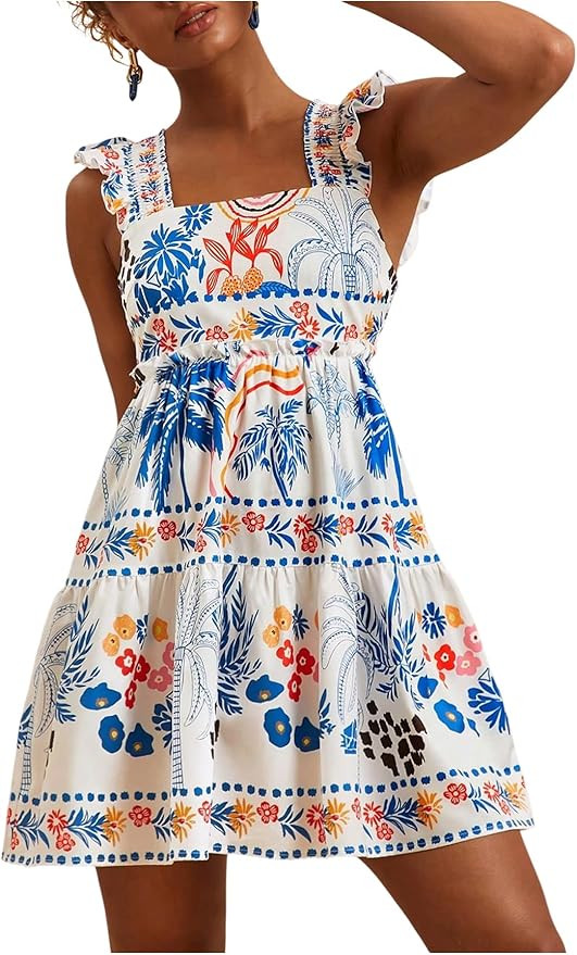 Women's Floral Tropical Graphic Short Dress Boho Ruffle Hem Sleeveless Vacation Tank Dress | Amazon (US)