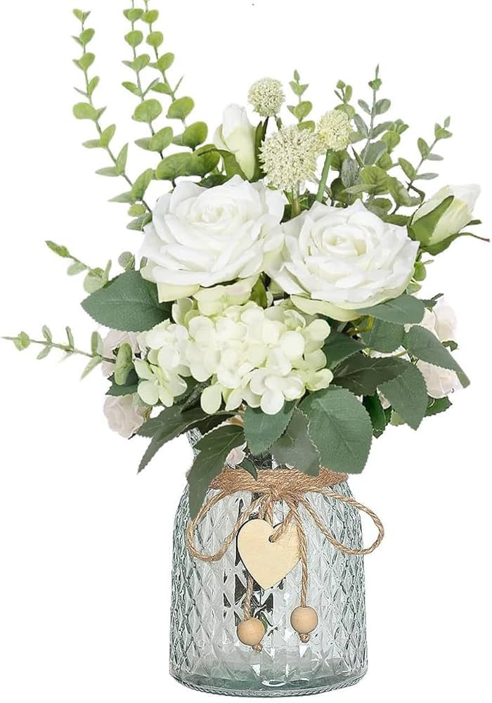 Artificial Flowers with Vase, Faux Silk Roses Floral Hydrangea Bouquet in Vase, Fake Plant Table ... | Amazon (CA)