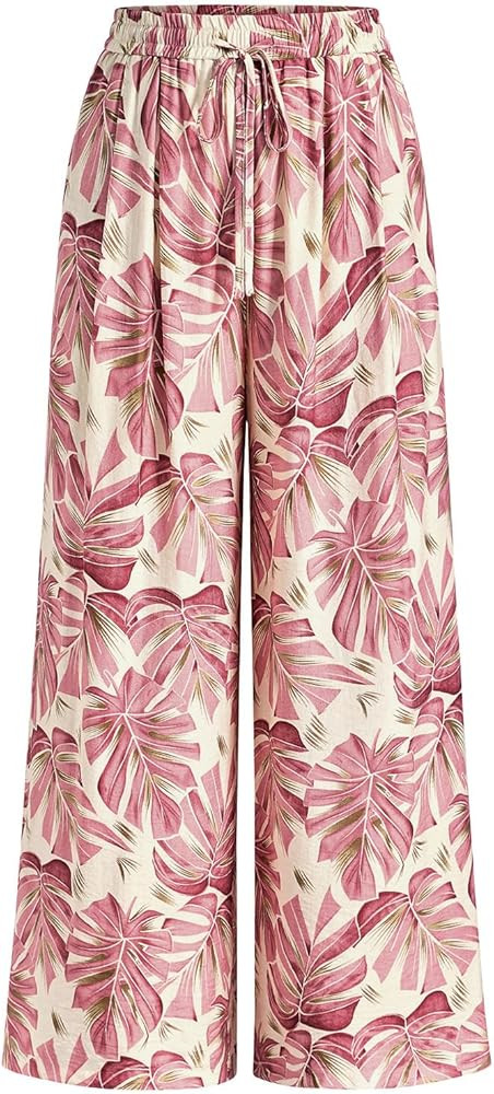 PRETTYGARDEN Womens Pants Elastic Waist Floral Lightweight Palazzo Pants for Women Casual Lounge ... | Amazon (US)