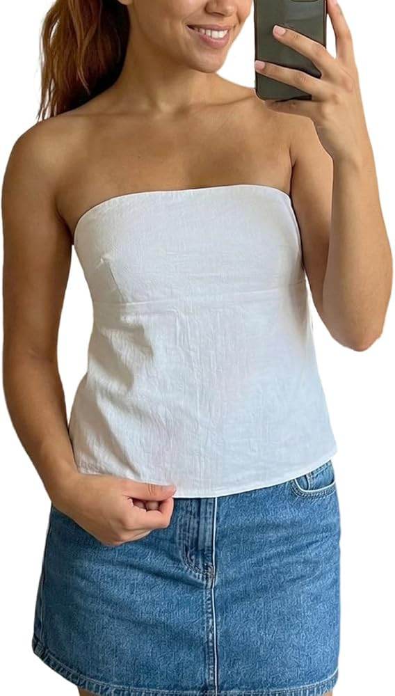 Women Y2k Peplum Tube top Strapless Bubble Bandeau Top Ruffle Hem Flowy Aesthetic Summer Going Ou... | Amazon (US)