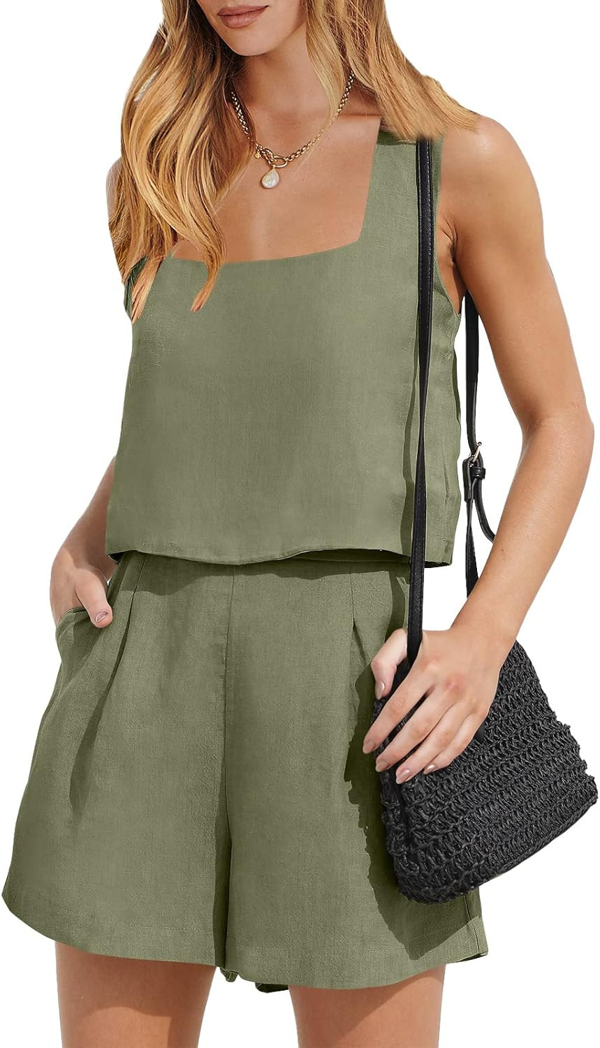 ANRABESS Womens 2 Piece Outfits Linen Square Neck Crop Short Set Lounge Matching Sets 2023 Trendy... | Amazon (US)