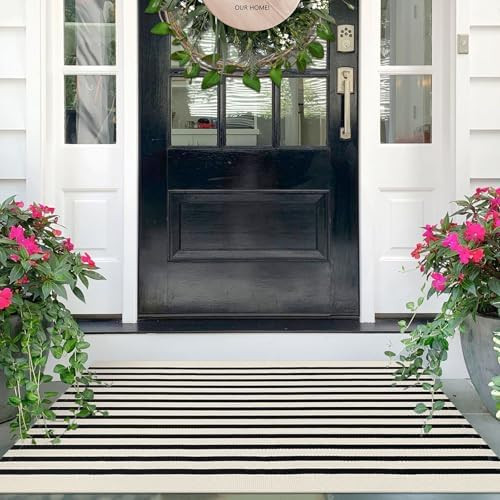 2.3x3.6 Striped Outdoor Door Mat, Washable Porch Rug, Black Beige | Amazon (US)