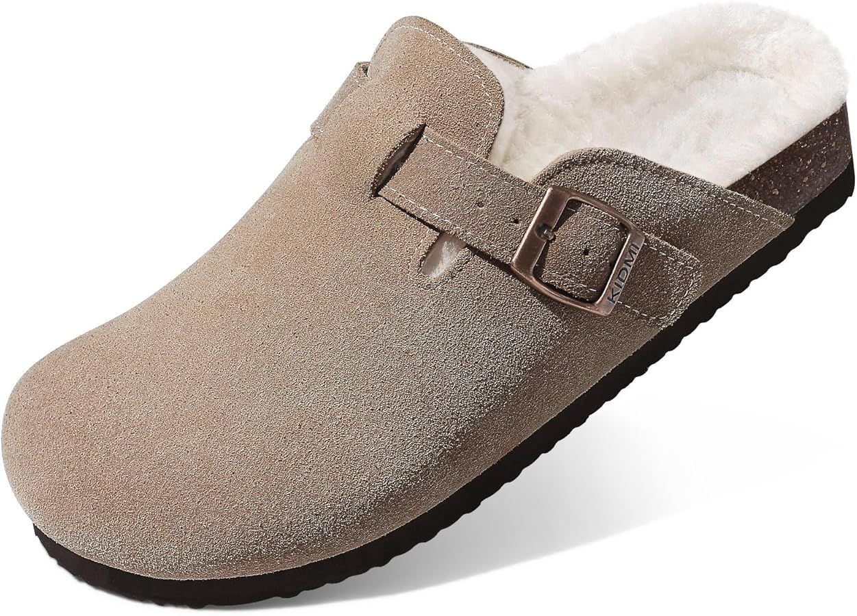 Women's Fur Lined Suede Clogs Fuzzy Cork Footbed Mules Slip On Winter Potato Shoes | Amazon (US)