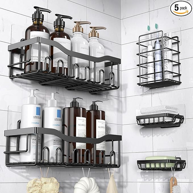 Adhesive Shower Caddy, 5 Pack Rustproof Stainless Steel Bath Organizers With Large Capacity, No D... | Amazon (US)