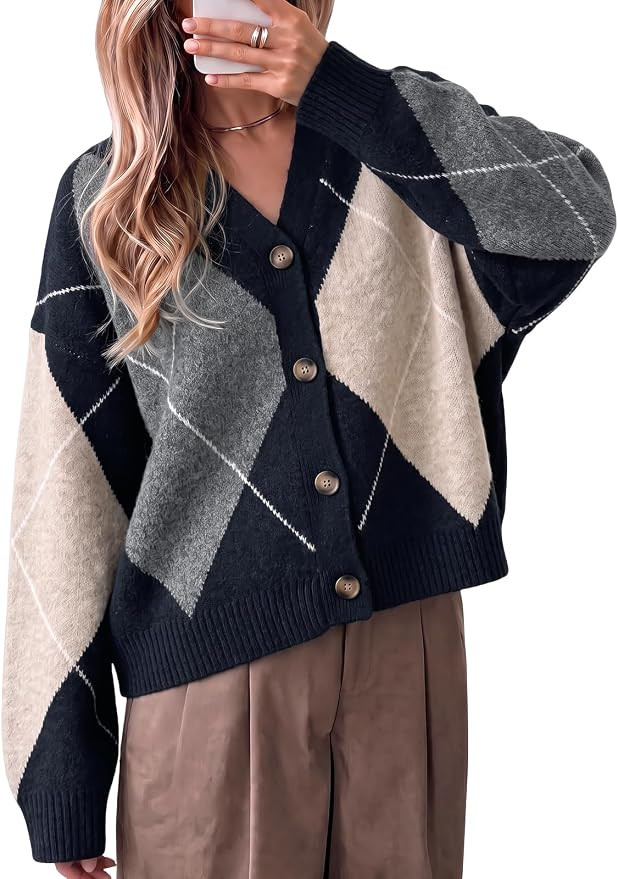 Cicy Bell Women Plaid Color Block Cardigan V Neck Long Sleeve Knit Sweater | Amazon (US)