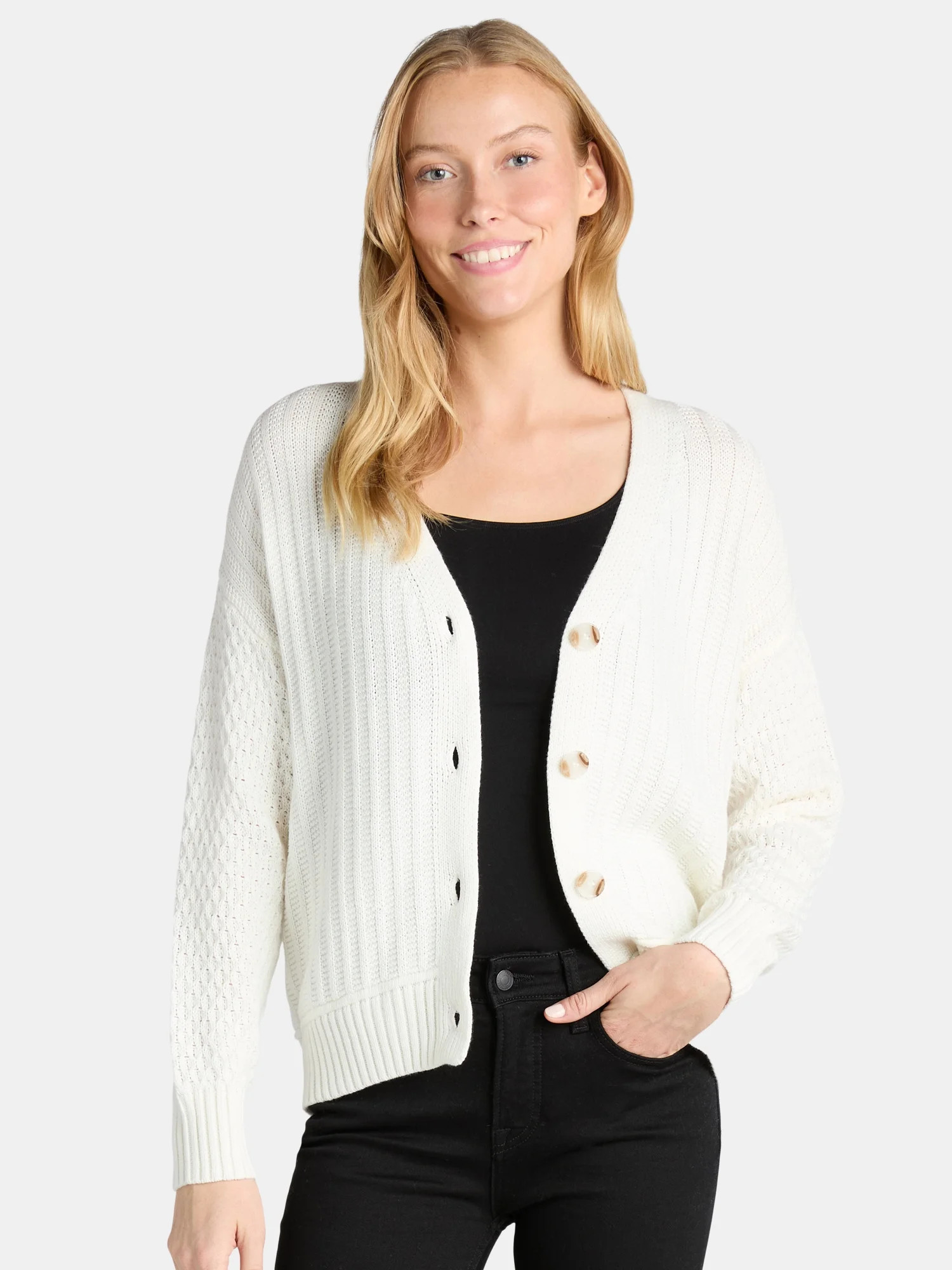Time and Tru Women’s Mixed Stitch Cardigan Sweater, Midweight, Sizes XS-XXXL | Walmart (US)