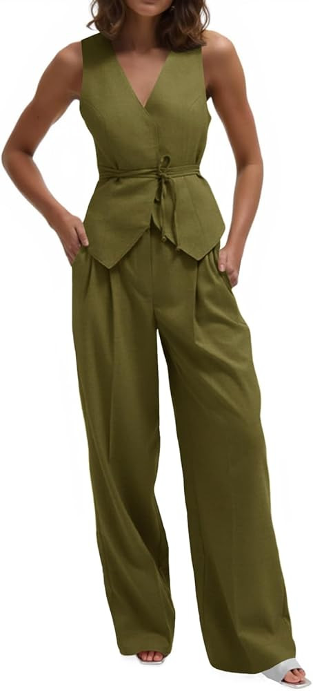 Cicy Bell Womens 2 Piece Outfits V Neck Tie Waist Blazer Vest and Wide Leg Business Casual Suit P... | Amazon (US)