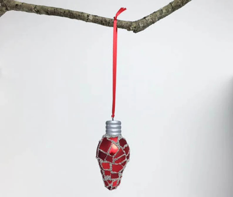 Red Mosaic Christmas Lightbulb Ornament, Glass Ornament, Retro Lightbulb, Metallic Glass, Trim th... | Etsy (US)