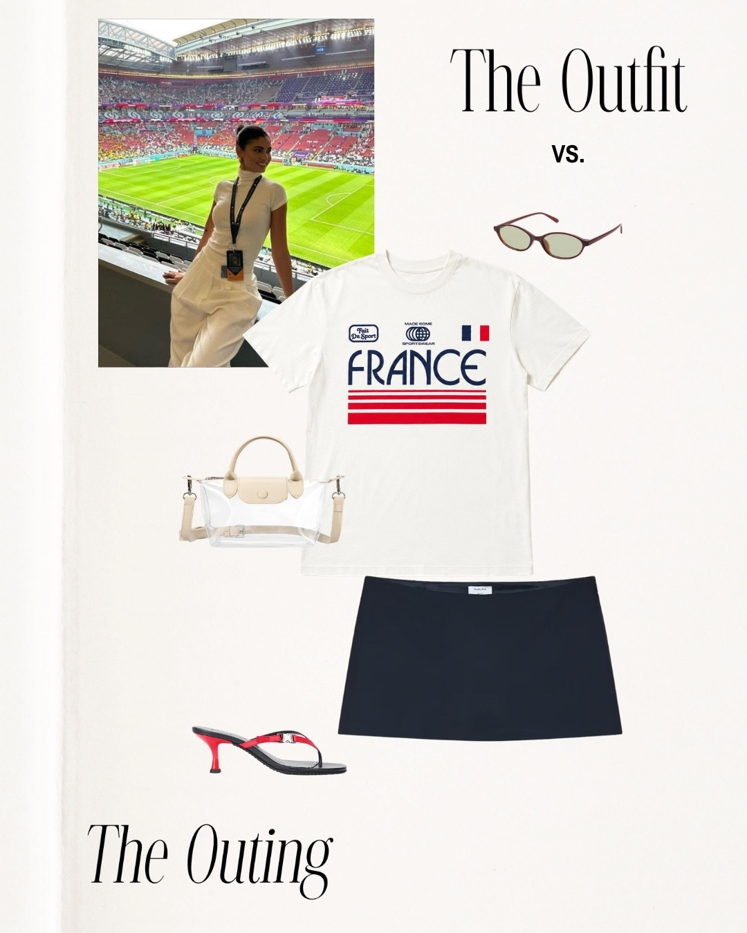 France gameday outfit!! @fifaworldcup

Soccer game, World Cup, kitten heels, amazon finds, athleisure, tee, skort, aritzia, clear purse, summer outfit inspo
