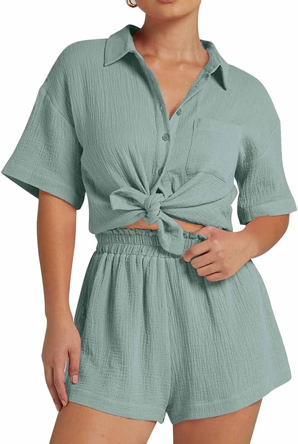 Flygo Womens Casual 2 Piece Outfits Cotton Linen Sets Button Down Shirt Shorts Resort Wear 2024 P... | Amazon (US)