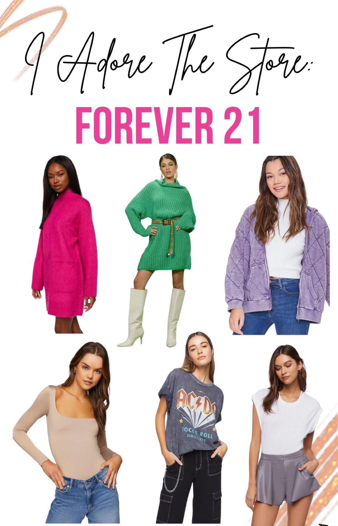 Forever 21
- AC/DC Shirt
- long sleeve bodysuit 
- quilted zip-up hoodie
- marled sweater dress
- Faux croc knee-high boots
- faux leather flare shorts 


#LTKunder100 #LTKHoliday #LTKstyletip