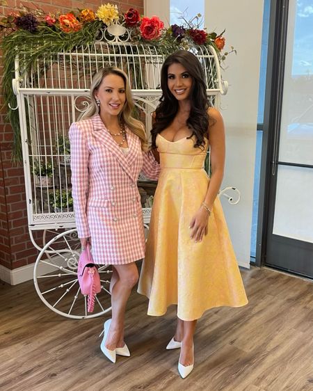 Spring dress and Easter outfit inspo. Pink and white boucle pearl and crystal button blazer dress is a warmer option and church appropriate. This stunning yellow and pink jacquard midi dress is beautifully structured for Easter brunch 🐣 Use code SARAHFLINT-BAEVE for $50 off the white leather stiletto pumps. 

#LTKstyletip #LTKSeasonal #LTKFind