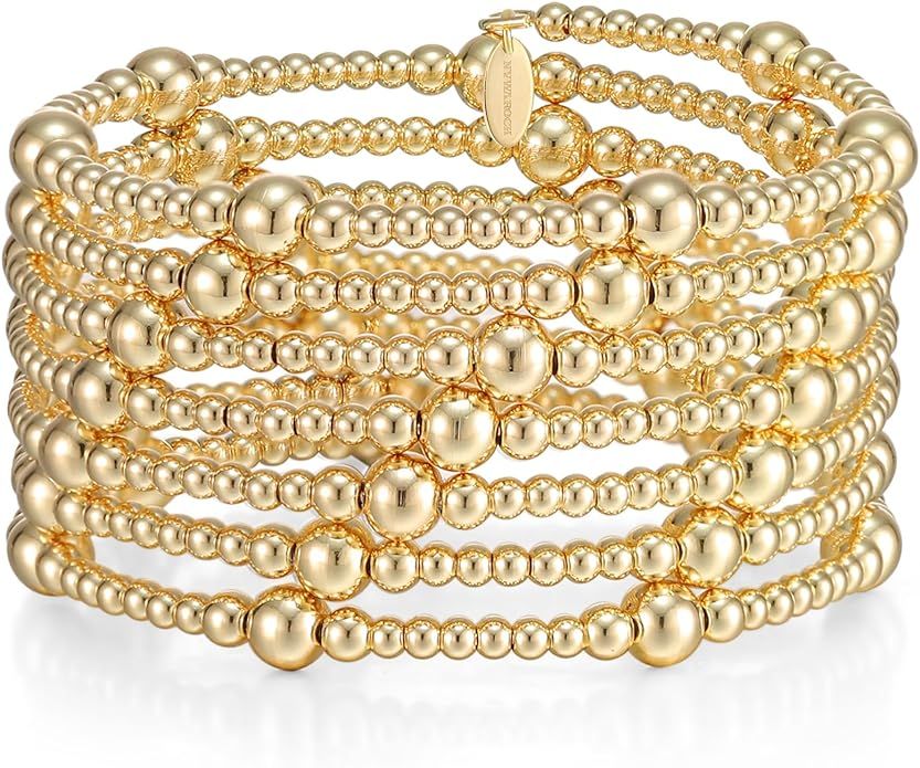 Layer Gold Bead Bracelet for Women and Girls 14K Gold Plated Stretchable beaded Bangles Adjustabl... | Amazon (US)