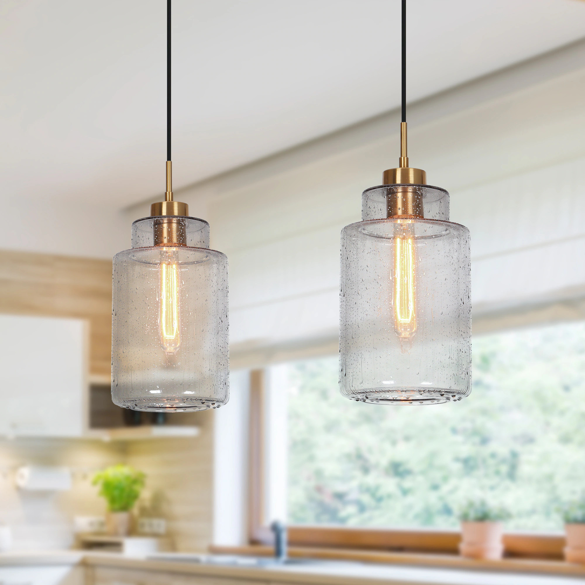 ZEVNI Modern 1 -Light Polished Gold Brass Seeded Glass Craftsman Textured glass Jar Small Hanging Pendant Light | L3VUEEYRW4925ST8 | Lowe's