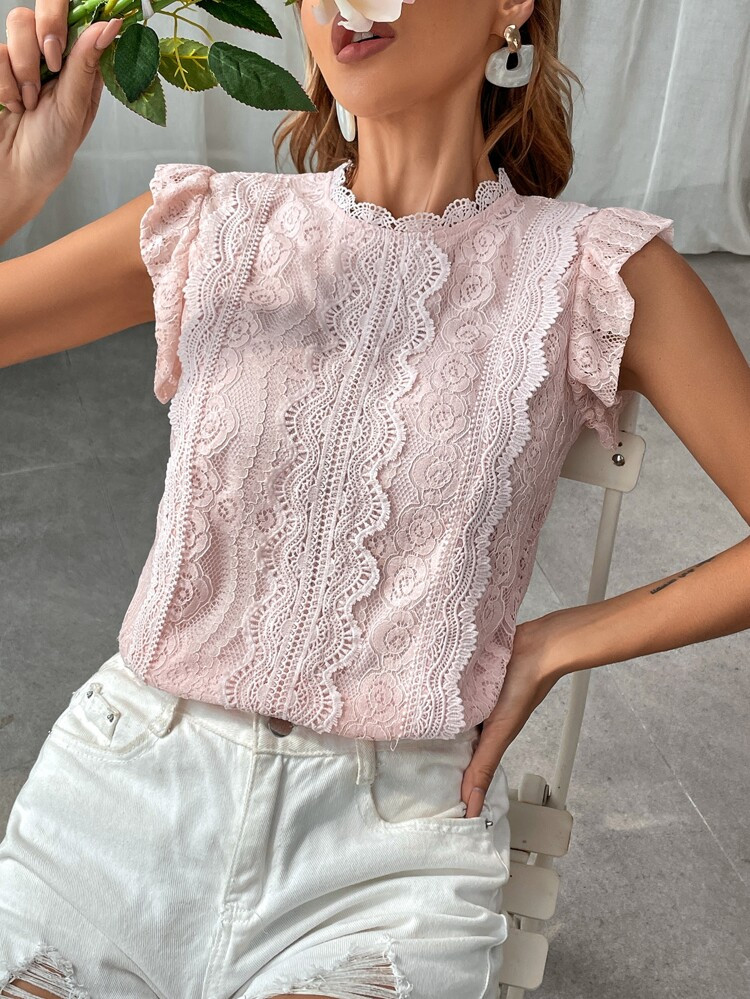 Butterfly Sleeve Keyhole Back Lace Blouse | SHEIN