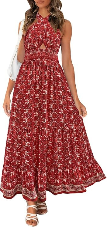 ZESICA Women's Summer Crossover Halter Neck Sleeveless Plaid Cut Out Backless Flowy A Line Maxi D... | Amazon (US)