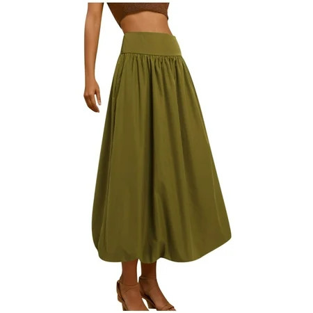 BYHONG Women Maxi Bubble Skirt Elastic Waist Aline Long Puff Skirt Ruffle Hem Balloon Skirts Womens Skirt Green S | Walmart (US)