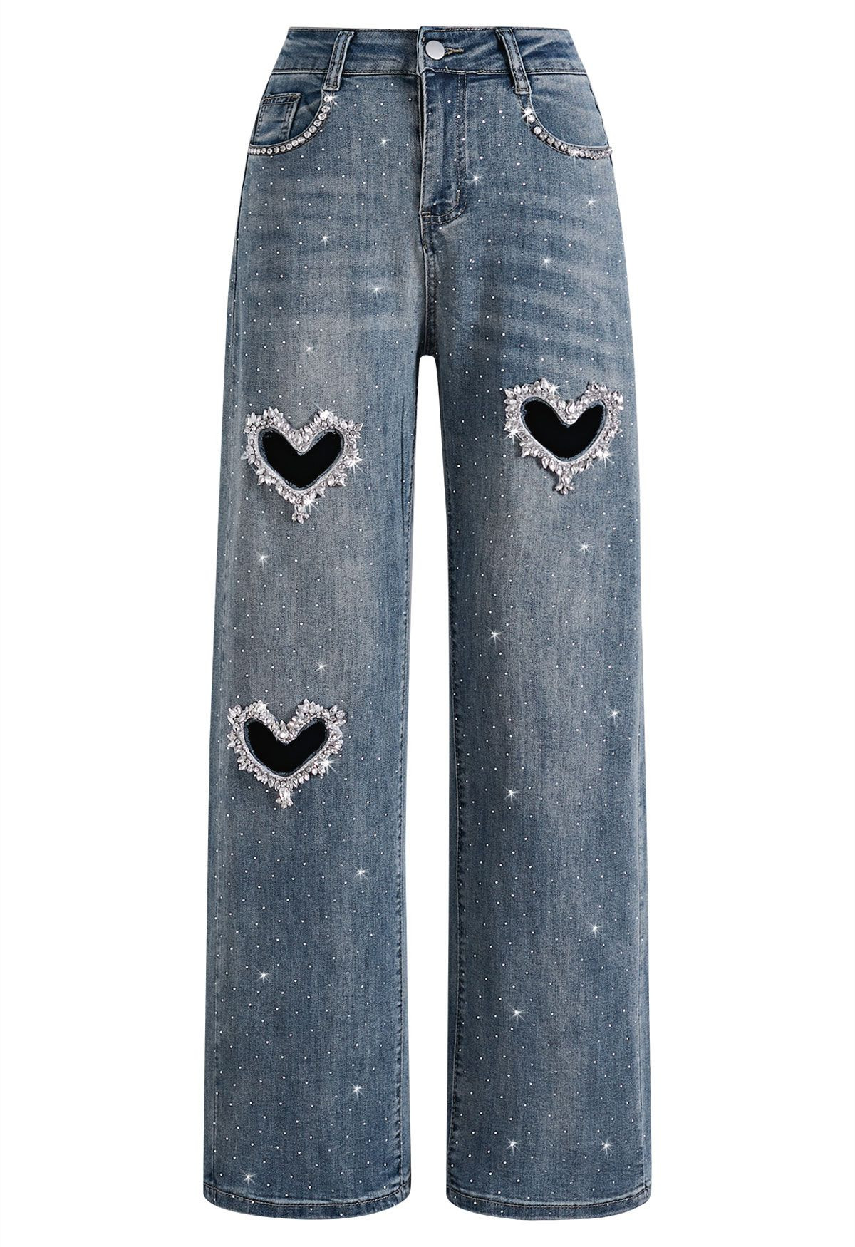 3D Cut-Out Heart Rhinestones Straight Leg Jeans | Chicwish