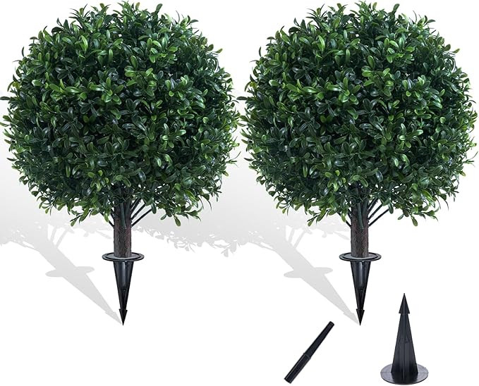 22" Artificial Boxwood Topiary Outdoor Plants with Spike, 2 Pack Faux Bushes UV Resistant Fake Sh... | Amazon (US)