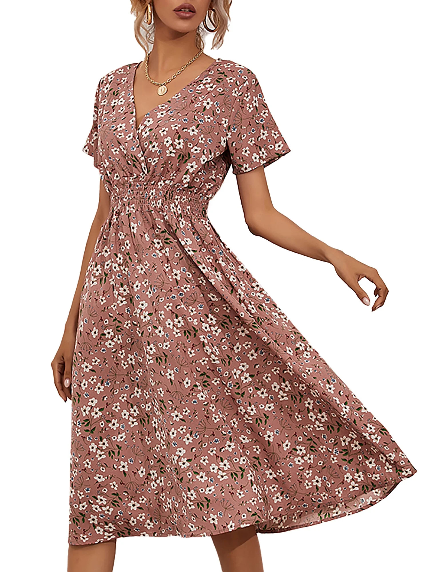 Enjiwell Women's Floral Print Bohemian V Neck Short Sleeve Chiffon Midi Dress | Walmart (US)