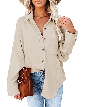 Dokotoo Womens Corduroy Button Down Shirts Boyfriend Long Sleeve Oversized Blouses Tops | Amazon (US)