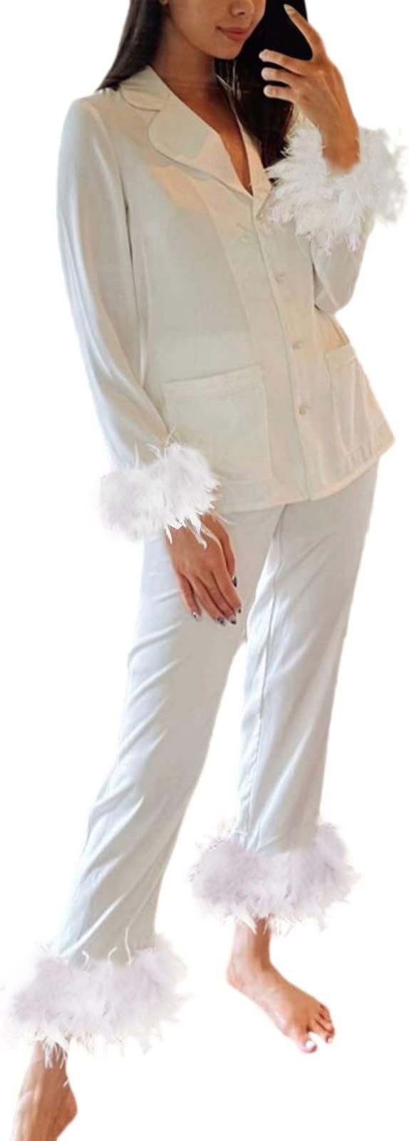Cozy Flannel Pajamas for Women Long Feather Sleeve Button Down Pjs Set Soft Cotton Sleepwear Nigh... | Amazon (US)