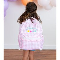 Gingham Kids Personalized Backpack, Girls Pink Ruffle Bookbag, Embroidered Bag For Back To School | Etsy (US)