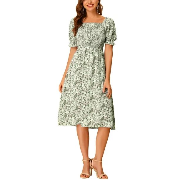 Allegra K Women's Square Neck Puff Sleeves Casual Midi Smocked Floral Dresses - Walmart.com | Walmart (US)