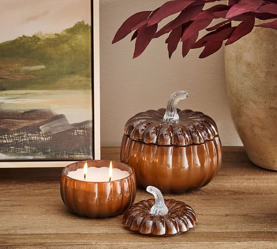 Pumpkin Lidded Recycled Glass Candles - Harvest Spice | Pottery Barn (US)