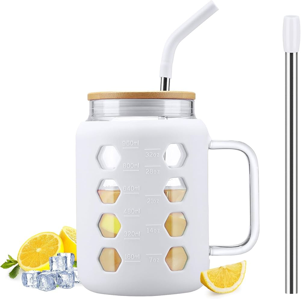 MUKOKO 32oz Glass Tumbler with Bamboo Lid and Straw, Glass Water Bottles with Time Marker, Iced C... | Amazon (US)