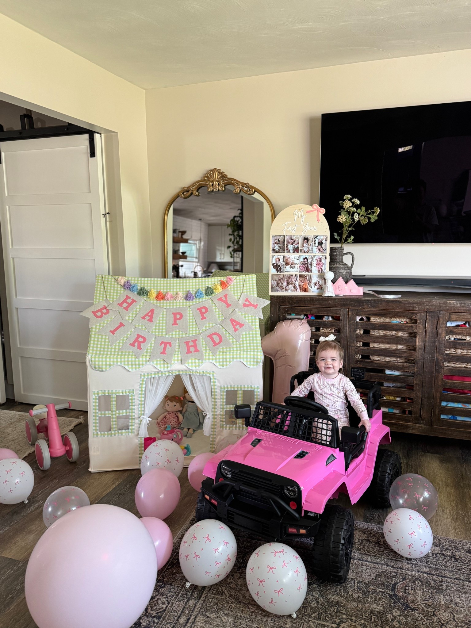 Babygirls birthday corner!!!! She literally loves this jeep so much, it’s the cutest ever 💕🥹 Her auntie got her this play tent and Gigi got her the balance bike & the babydoll inside! 💖 one lucky girl 💕

Babygirl first gift ideas, babygirl presents, first birthday gift ideas, one year old gift ideas, gift guide 

#LTKGiftGuide #LTKBaby