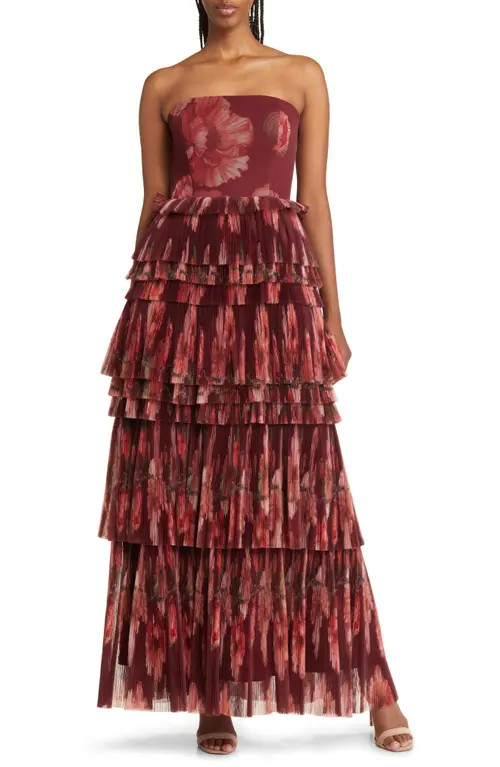 Hutch Nalina Tiered Strapless Maxi Dress in Wine Vining Painted Floral at Nordstrom, Size 2 | Nordstrom