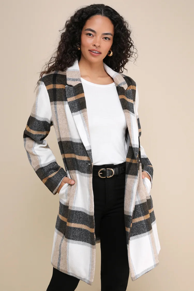 Cher Ivory Plaid Brushed Coat | Lulus