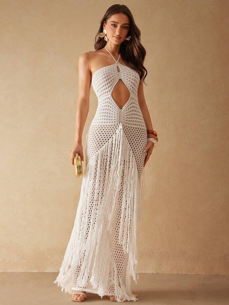 Silquee This Sexy And Glamorous White Dress, Crafted From Openwork Crochet Fabric, Is A New Summe... | SHEIN