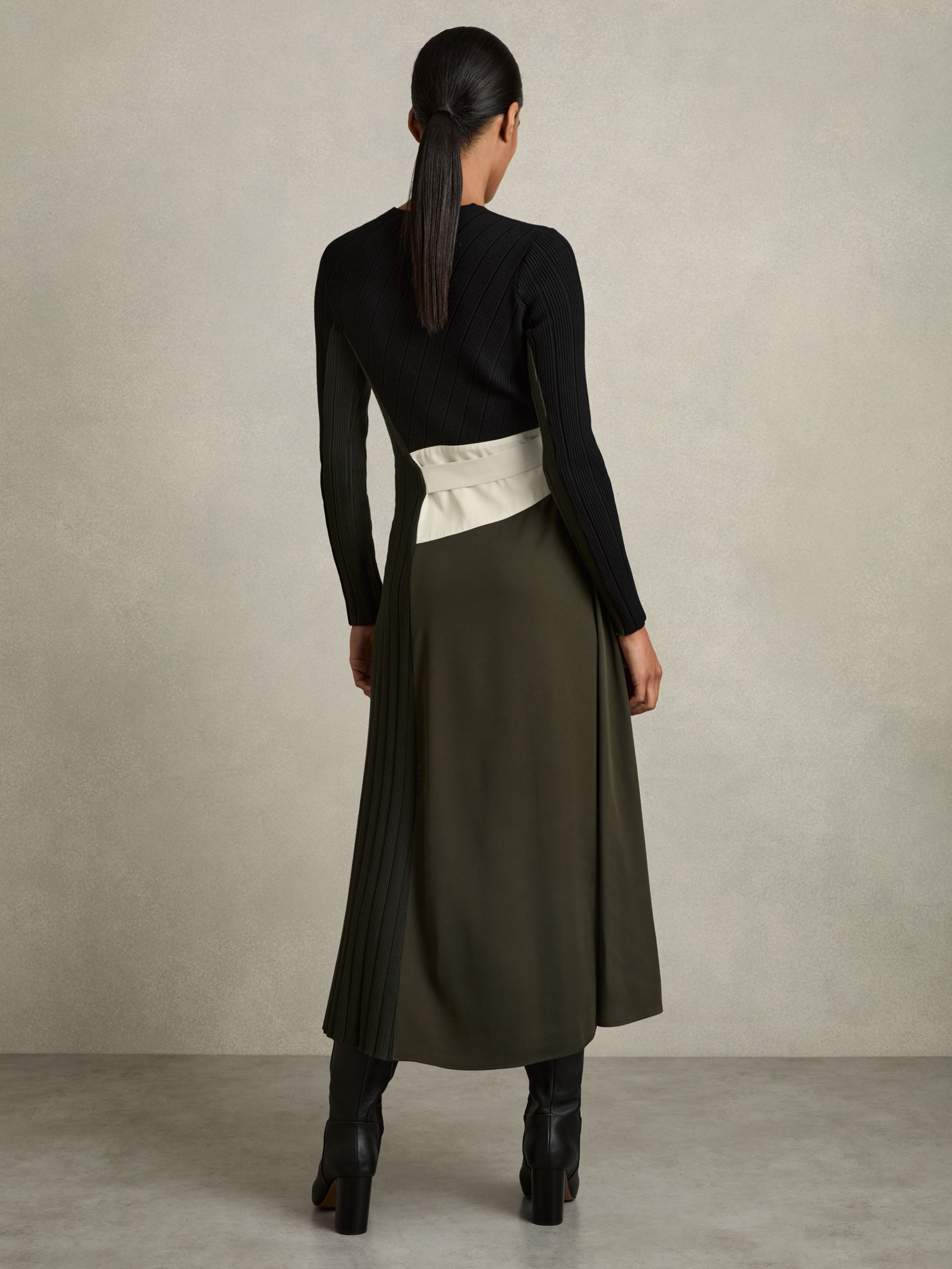 Rib-Knit Panelled Belted Midi Dress in Khaki/Black | Reiss DE
