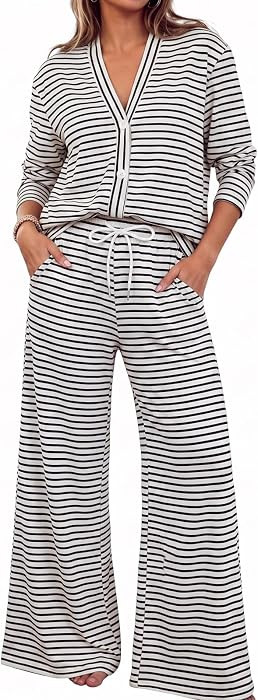 Fisoew Womens 2 Piece Lounge Set Striped Cardigan Pant Sets Travel Outfits | Amazon (US)