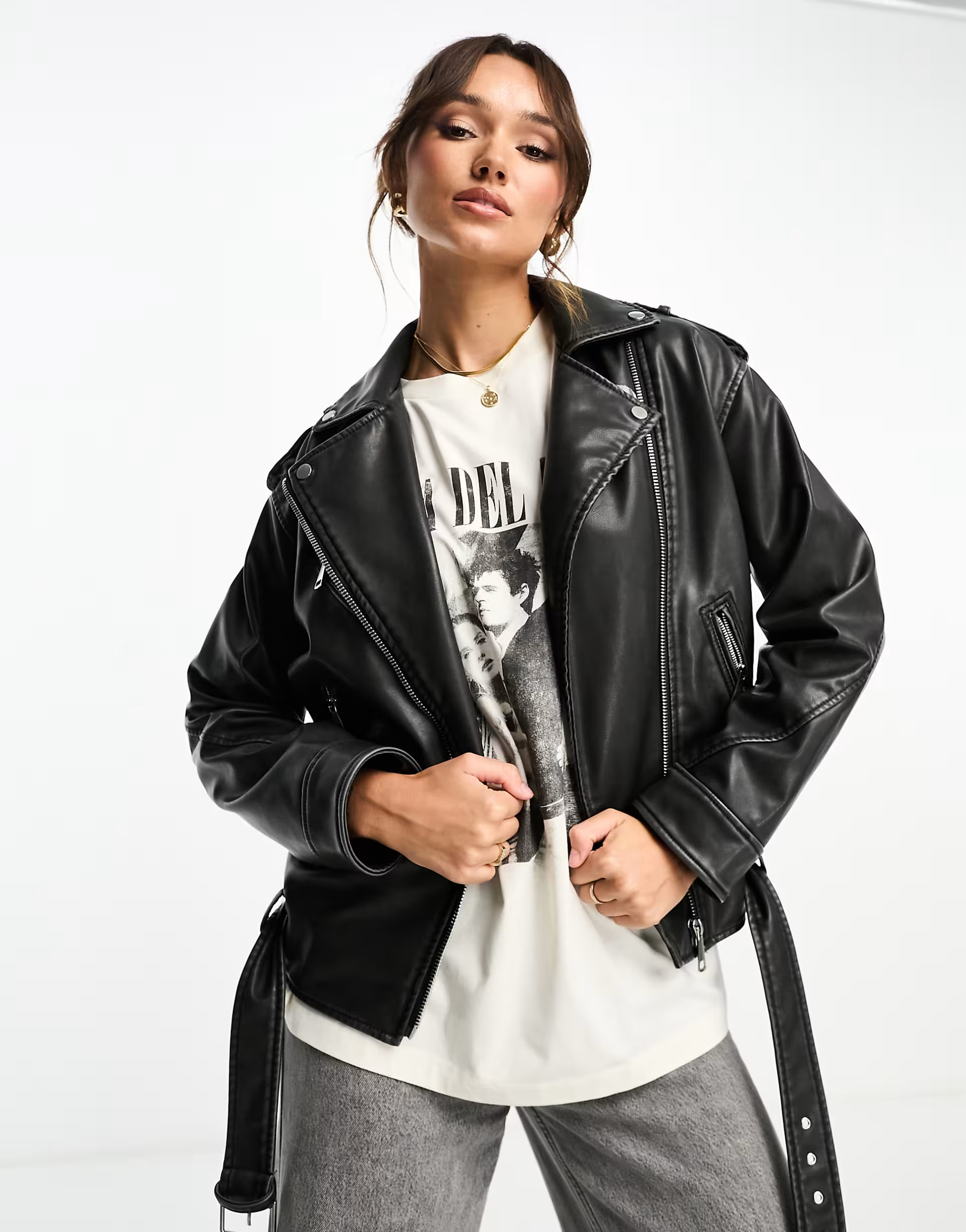 Stradivarius oversized faux leather biker in washed black | ASOS (Global)