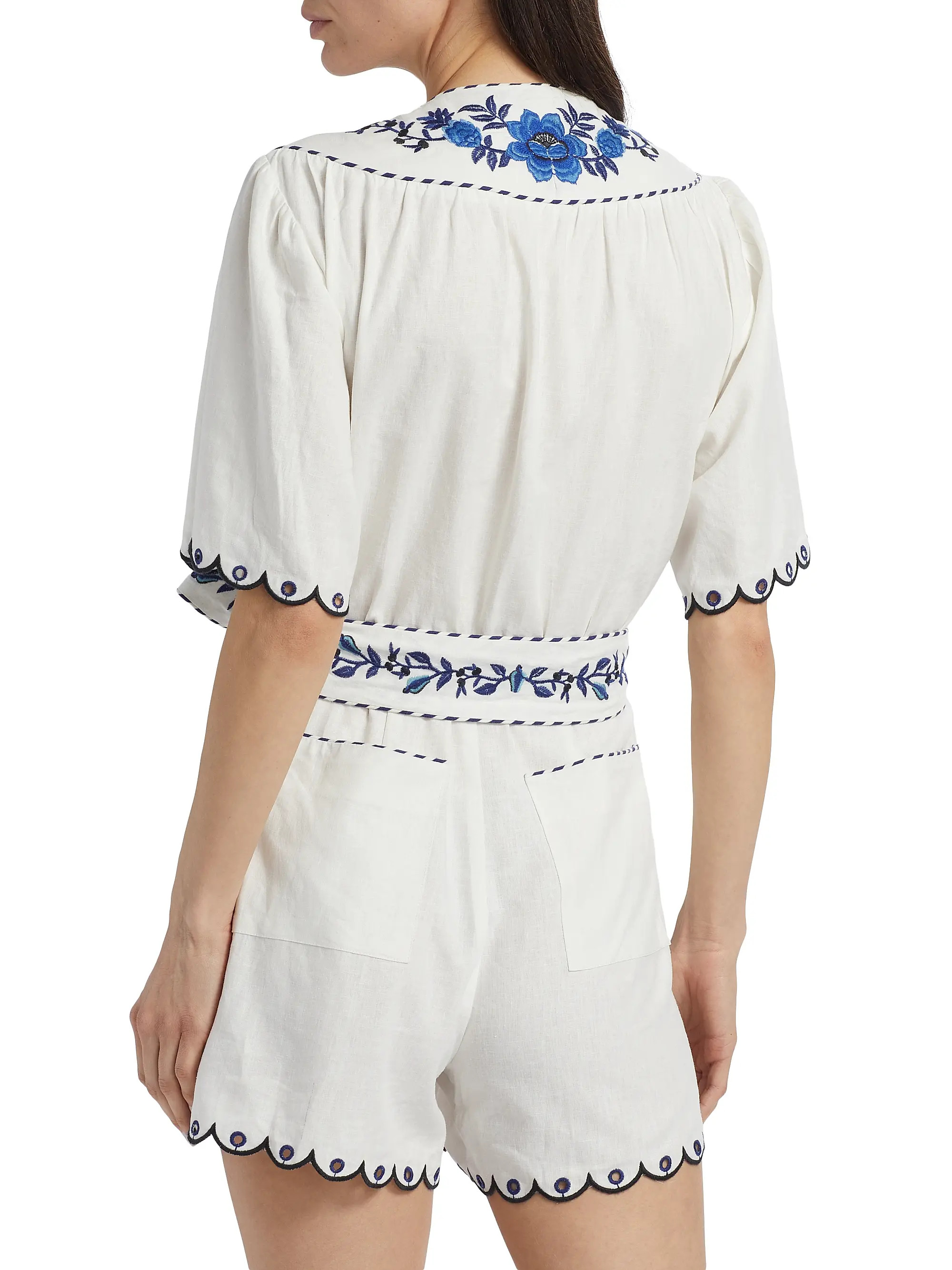 Delicate Forest Embroidered Linen-Blend Romper | Saks Fifth Avenue