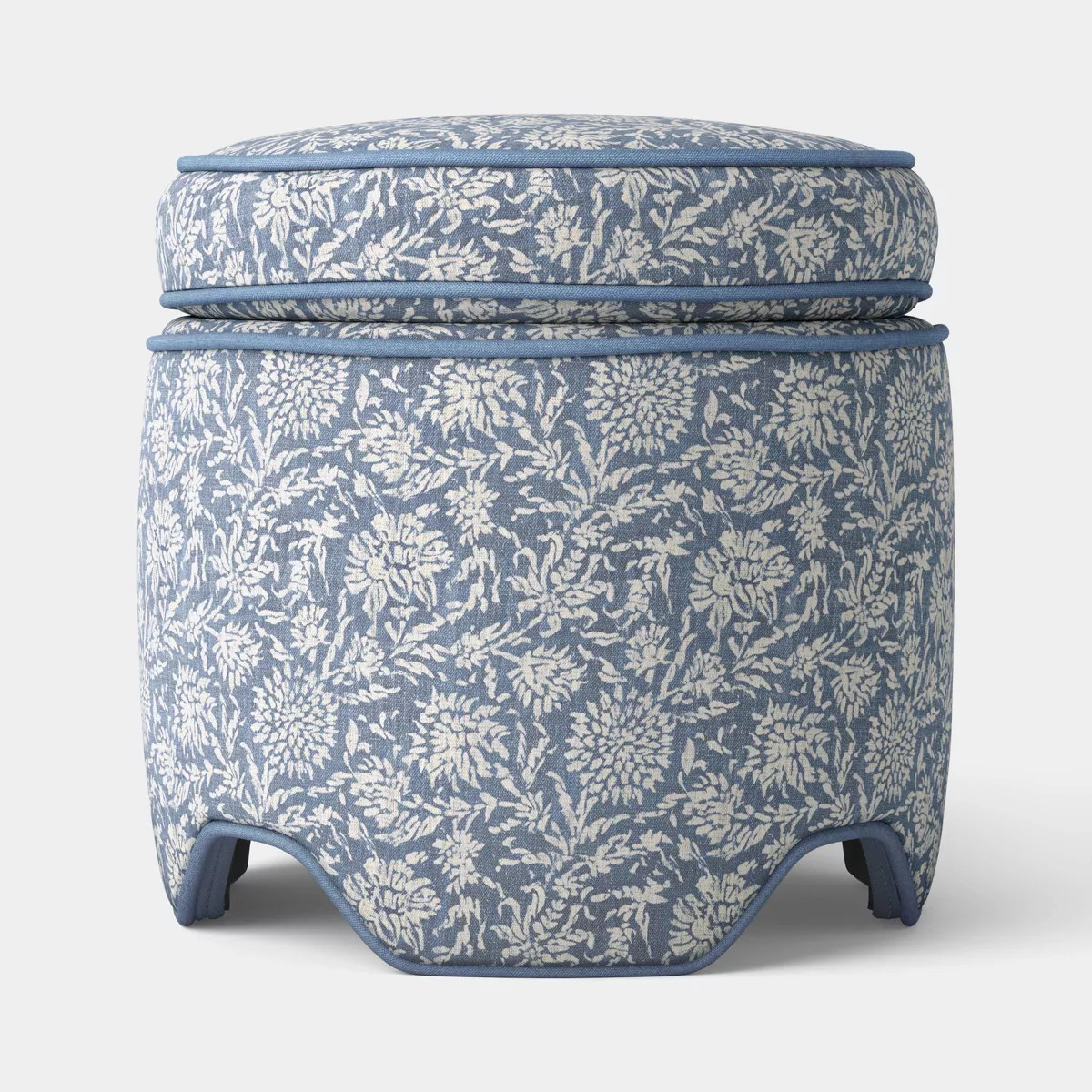 Upholstered Storage Ottoman with Piping Printed Blue Fabric | Target