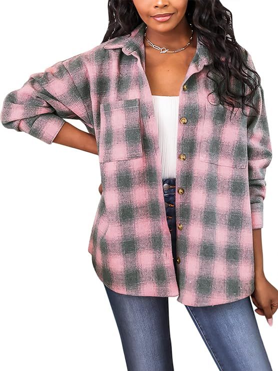 LOGENE Womens Casual Plaid Shirts Color Block Long Sleeve Lapel Button Jacket Coats with Pockets | Amazon (US)